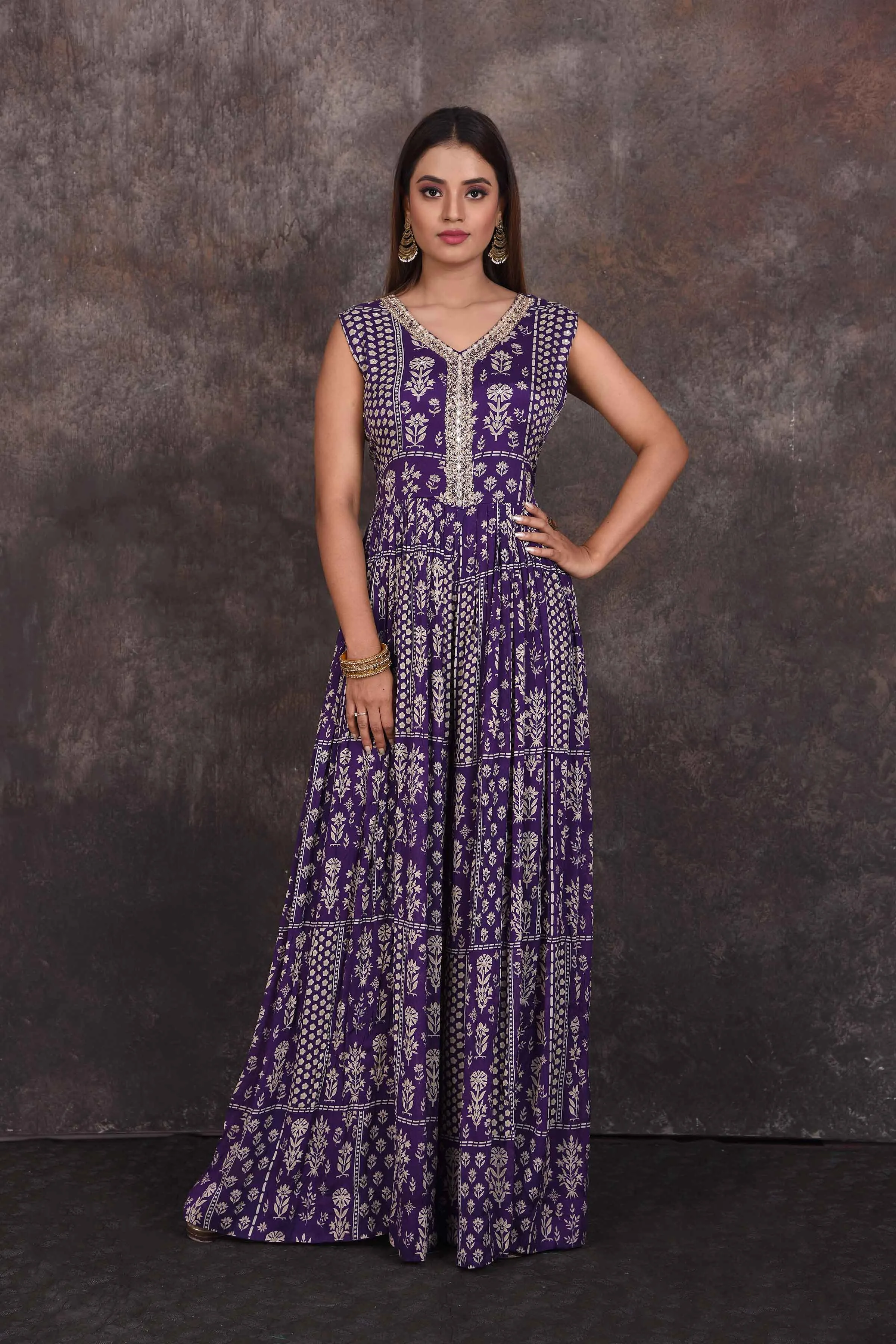 503344 Purple Printed Embellished Jumpsuit
