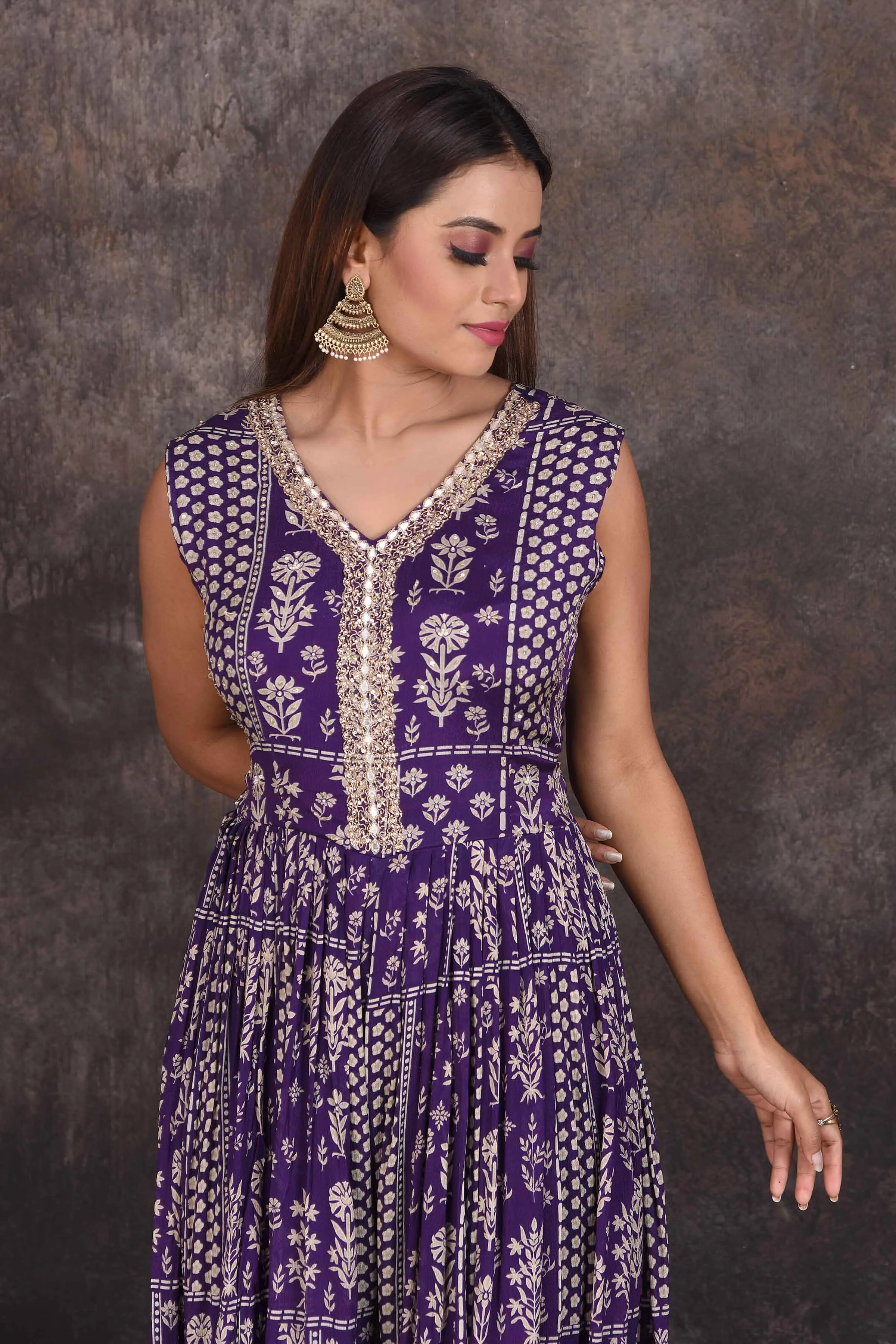 503344 Purple Printed Embellished Jumpsuit
