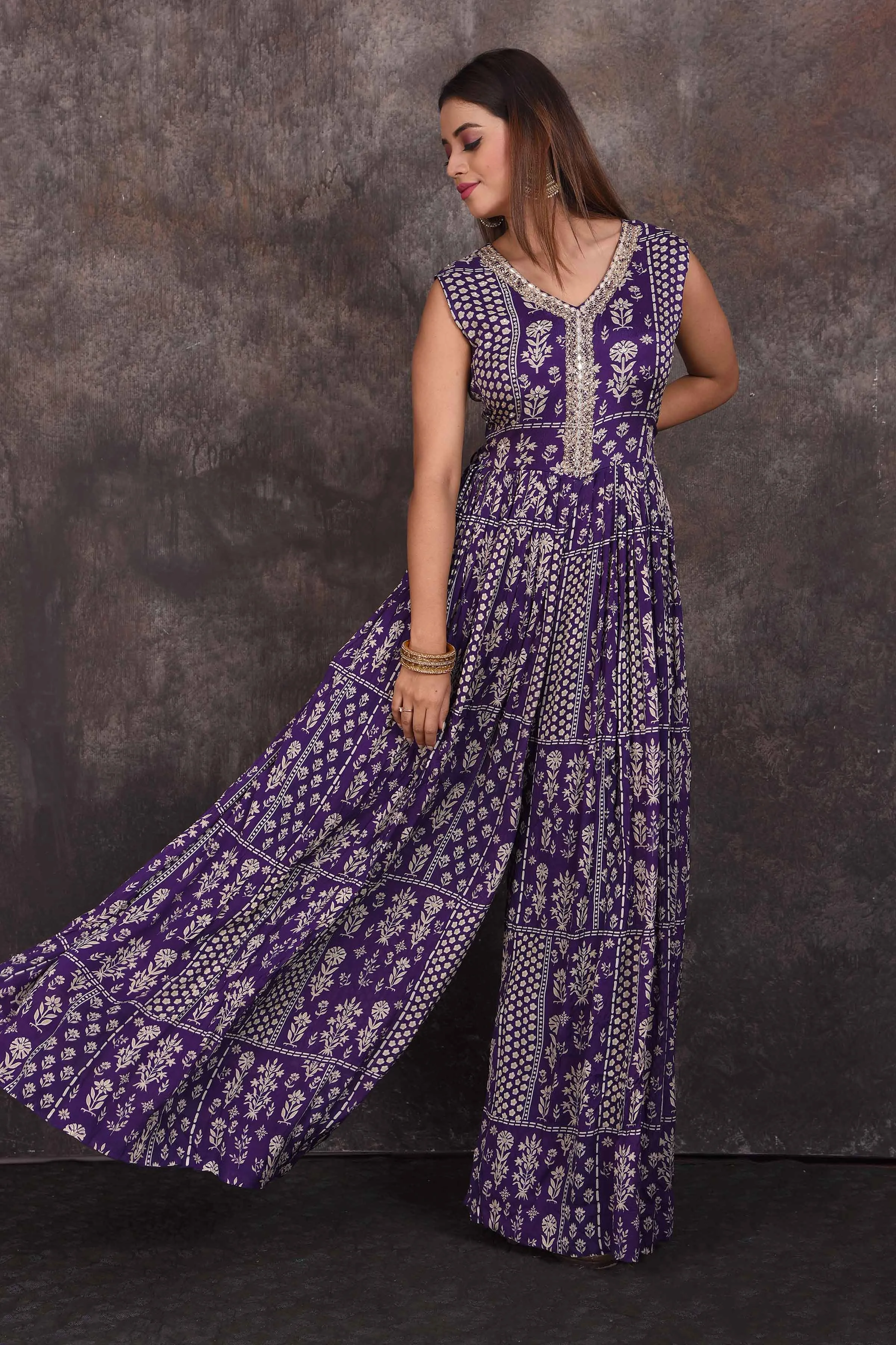 503344 Purple Printed Embellished Jumpsuit