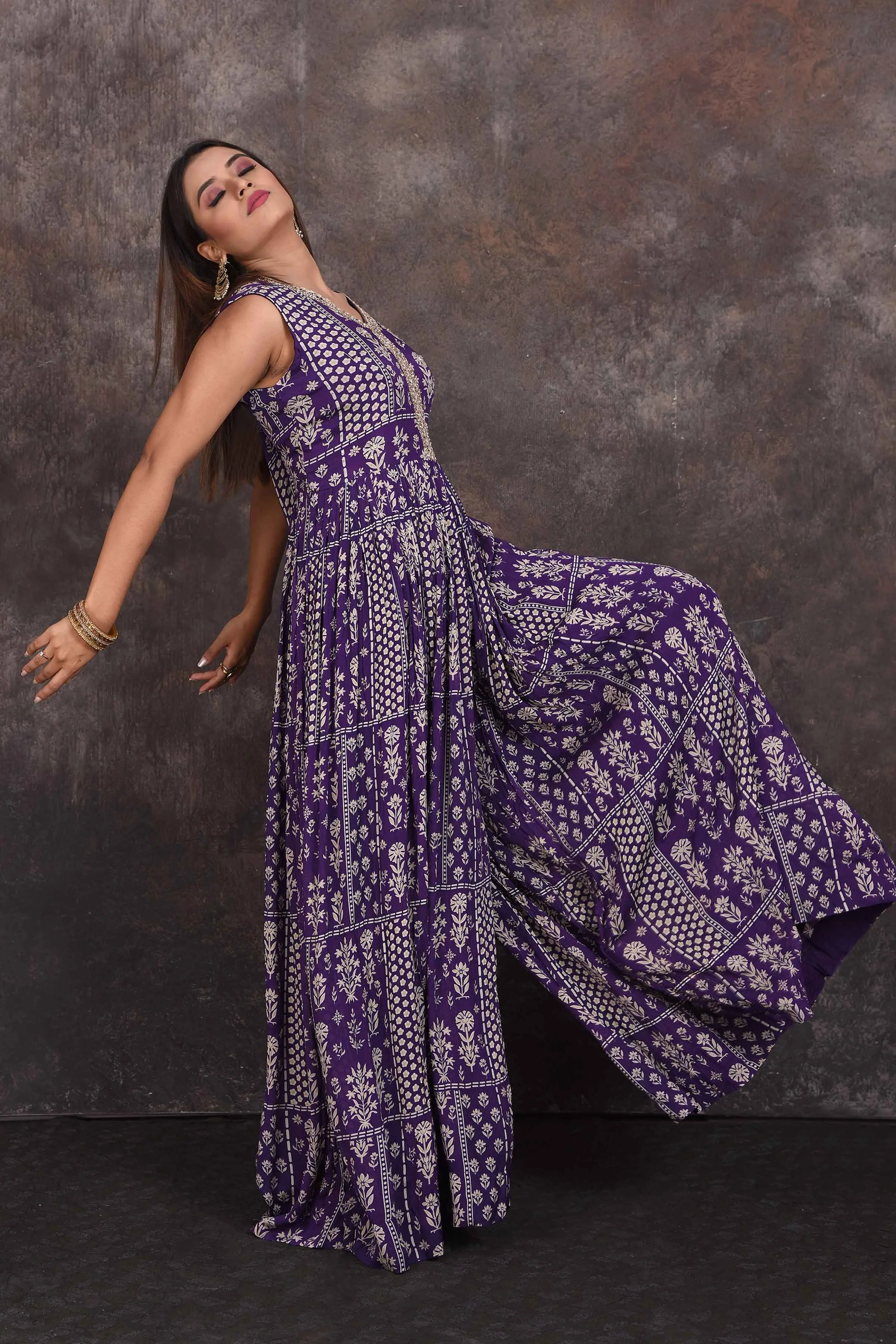 503344 Purple Printed Embellished Jumpsuit