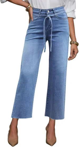 Allimy Womens Jeans High Rise Belted Wide Straight Leg Frayed Hem Jeans for Women Trendy 2025 Denim Pants