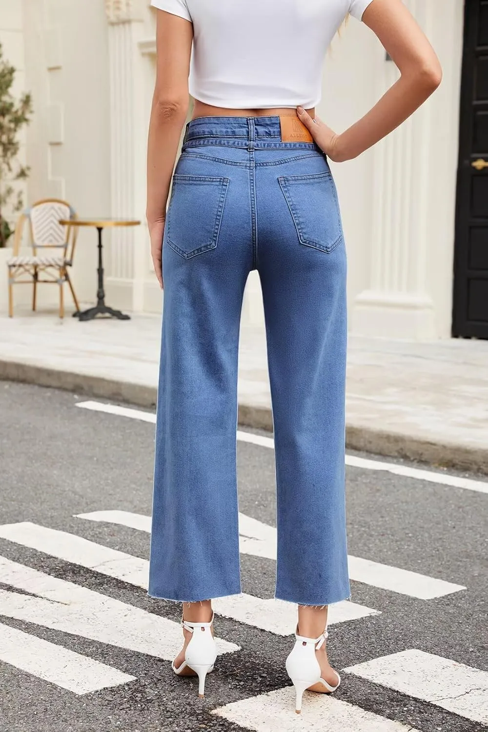 Allimy Womens Jeans High Rise Belted Wide Straight Leg Frayed Hem Jeans for Women Trendy 2025 Denim Pants