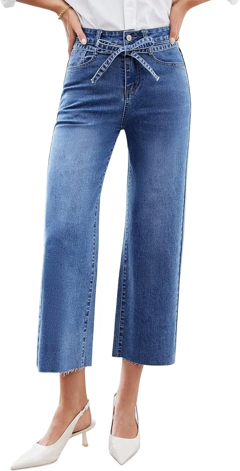 Allimy Womens Jeans High Rise Belted Wide Straight Leg Frayed Hem Jeans for Women Trendy 2025 Denim Pants