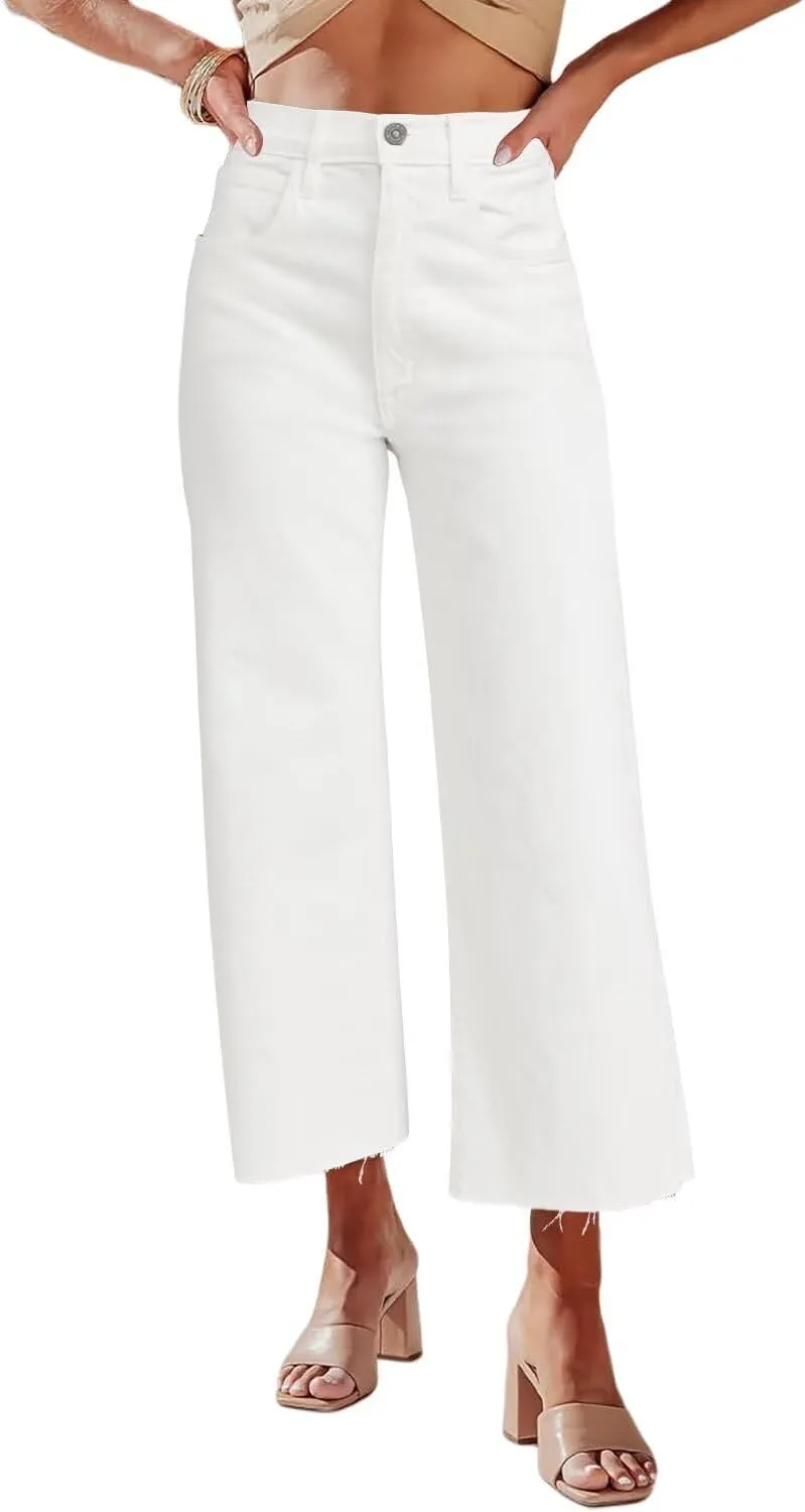 Allimy Womens Jeans High Rise Belted Wide Straight Leg Frayed Hem Jeans for Women Trendy 2025 Denim Pants