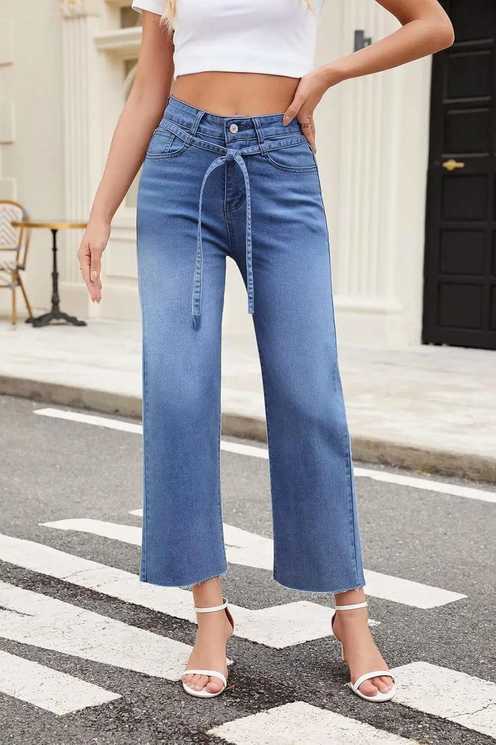 Allimy Womens Jeans High Rise Belted Wide Straight Leg Frayed Hem Jeans for Women Trendy 2025 Denim Pants