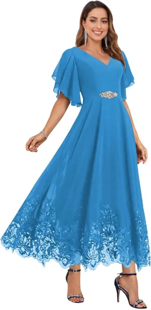 AUMEELAM Chiffon Mother of The Bride Dresses for Women Short Sleeves V Neck Lace Appliques Hemline Formal Evening Gowns