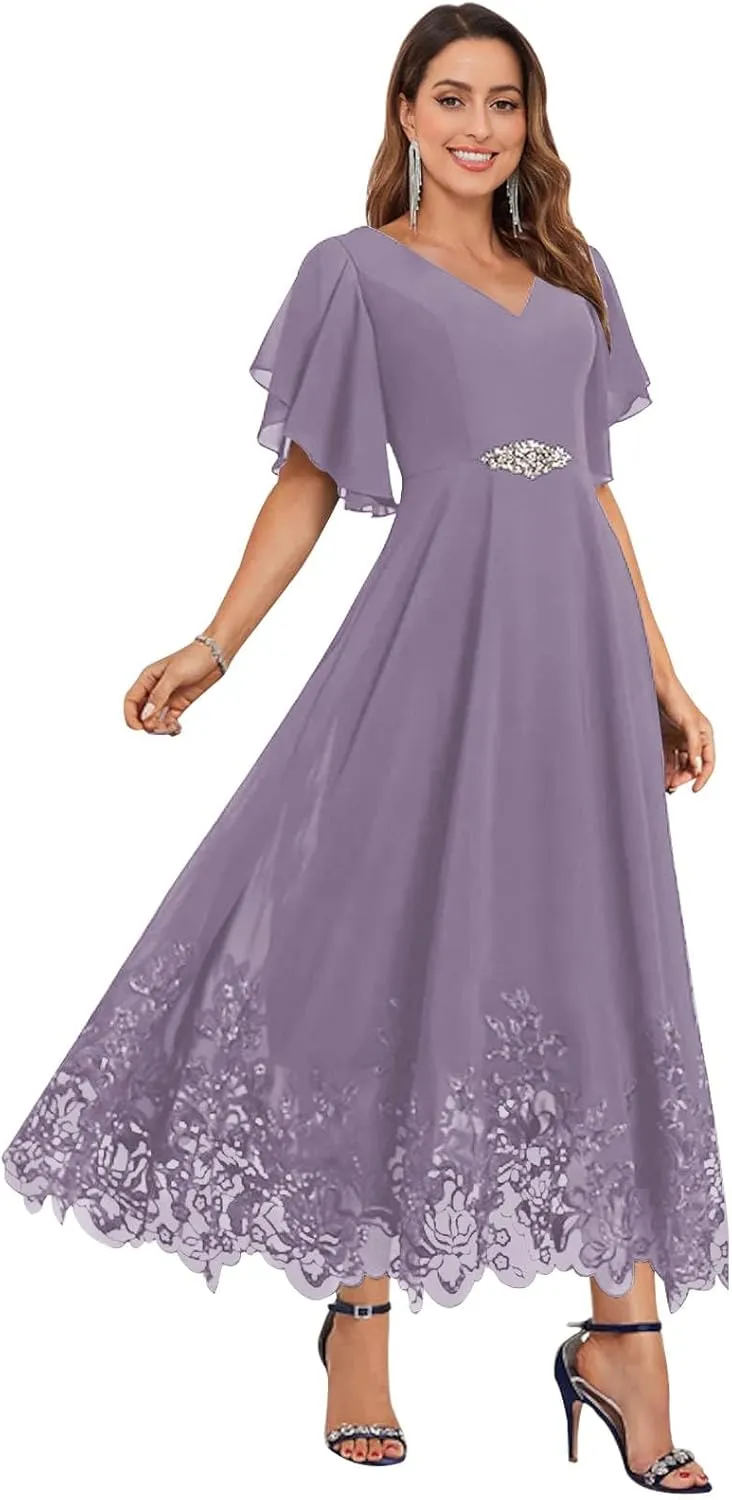 AUMEELAM Chiffon Mother of The Bride Dresses for Women Short Sleeves V Neck Lace Appliques Hemline Formal Evening Gowns