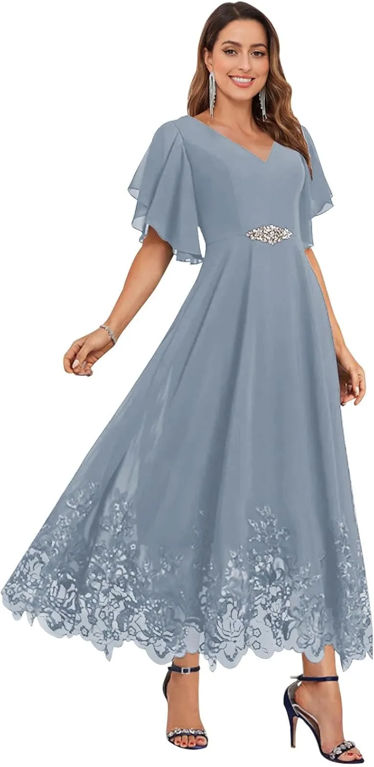 AUMEELAM Chiffon Mother of The Bride Dresses for Women Short Sleeves V Neck Lace Appliques Hemline Formal Evening Gowns