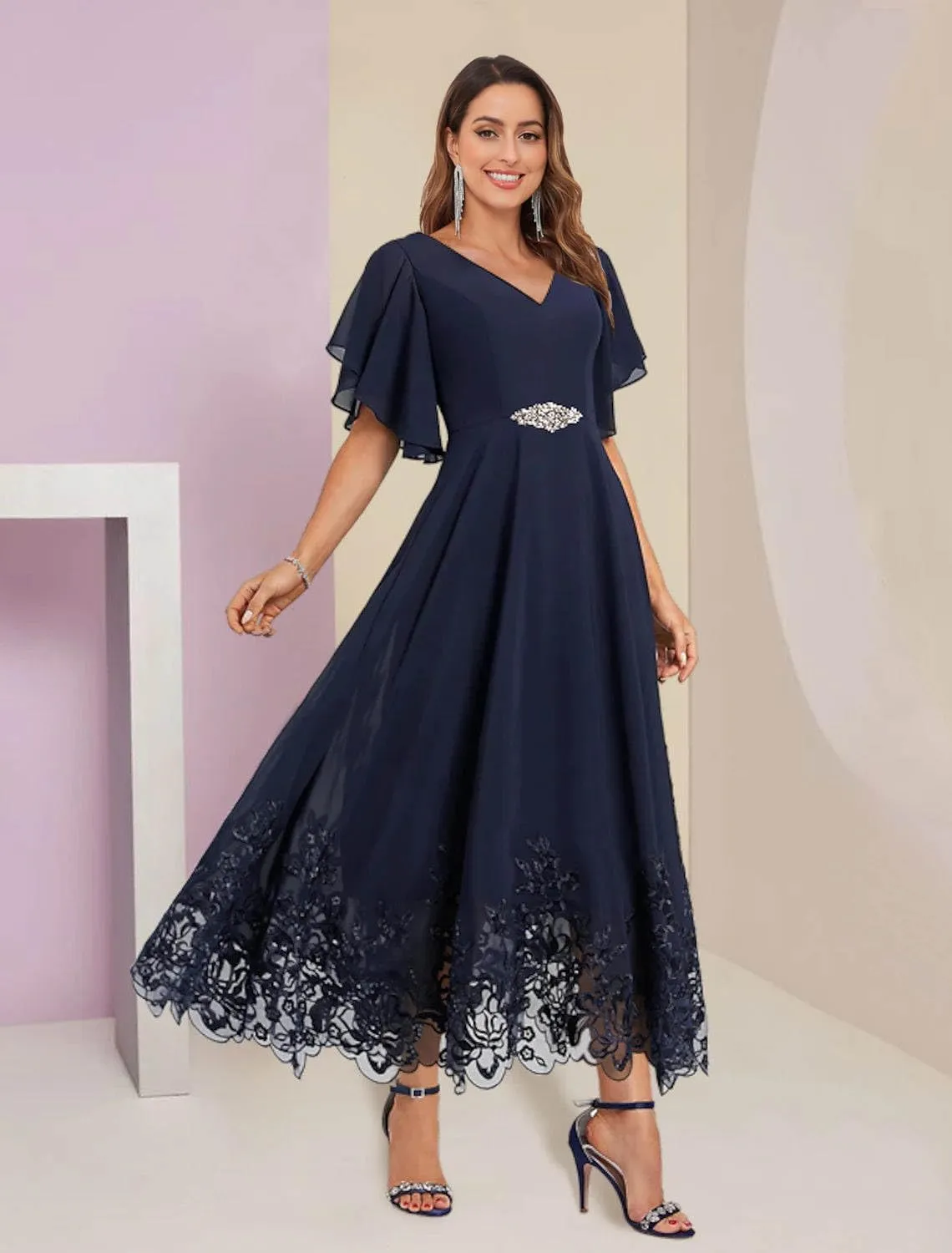 AUMEELAM Chiffon Mother of The Bride Dresses for Women Short Sleeves V Neck Lace Appliques Hemline Formal Evening Gowns