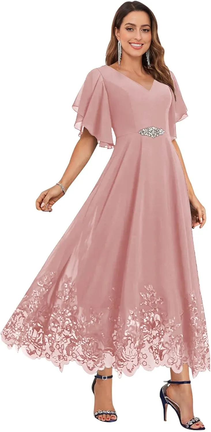 AUMEELAM Chiffon Mother of The Bride Dresses for Women Short Sleeves V Neck Lace Appliques Hemline Formal Evening Gowns