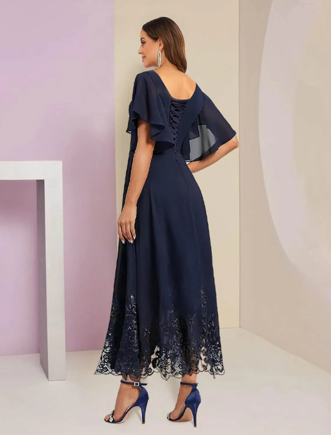 AUMEELAM Chiffon Mother of The Bride Dresses for Women Short Sleeves V Neck Lace Appliques Hemline Formal Evening Gowns