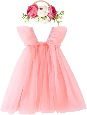 Baby Girls Tulle Tutu Sleeveless Backless Dress with Flower Headband Birthday Party Princess Summer Beach Sundress Skirt Set