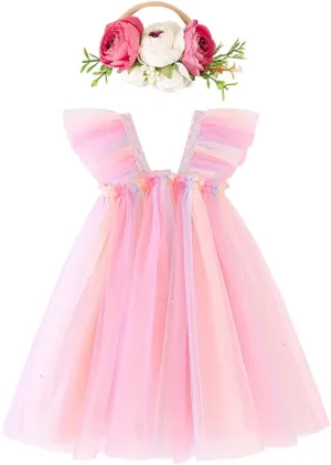 Baby Girls Tulle Tutu Sleeveless Backless Dress with Flower Headband Birthday Party Princess Summer Beach Sundress Skirt Set