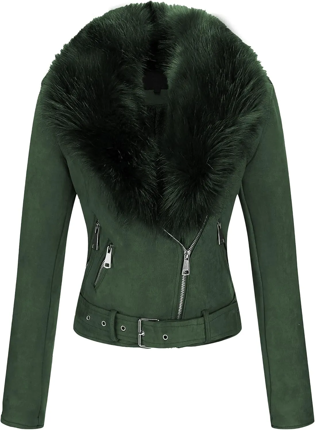 Bellivera Women Faux Leather Suede Jacket Moto Biker Coat Sherpa-Lined Overcoat with Removable Belt