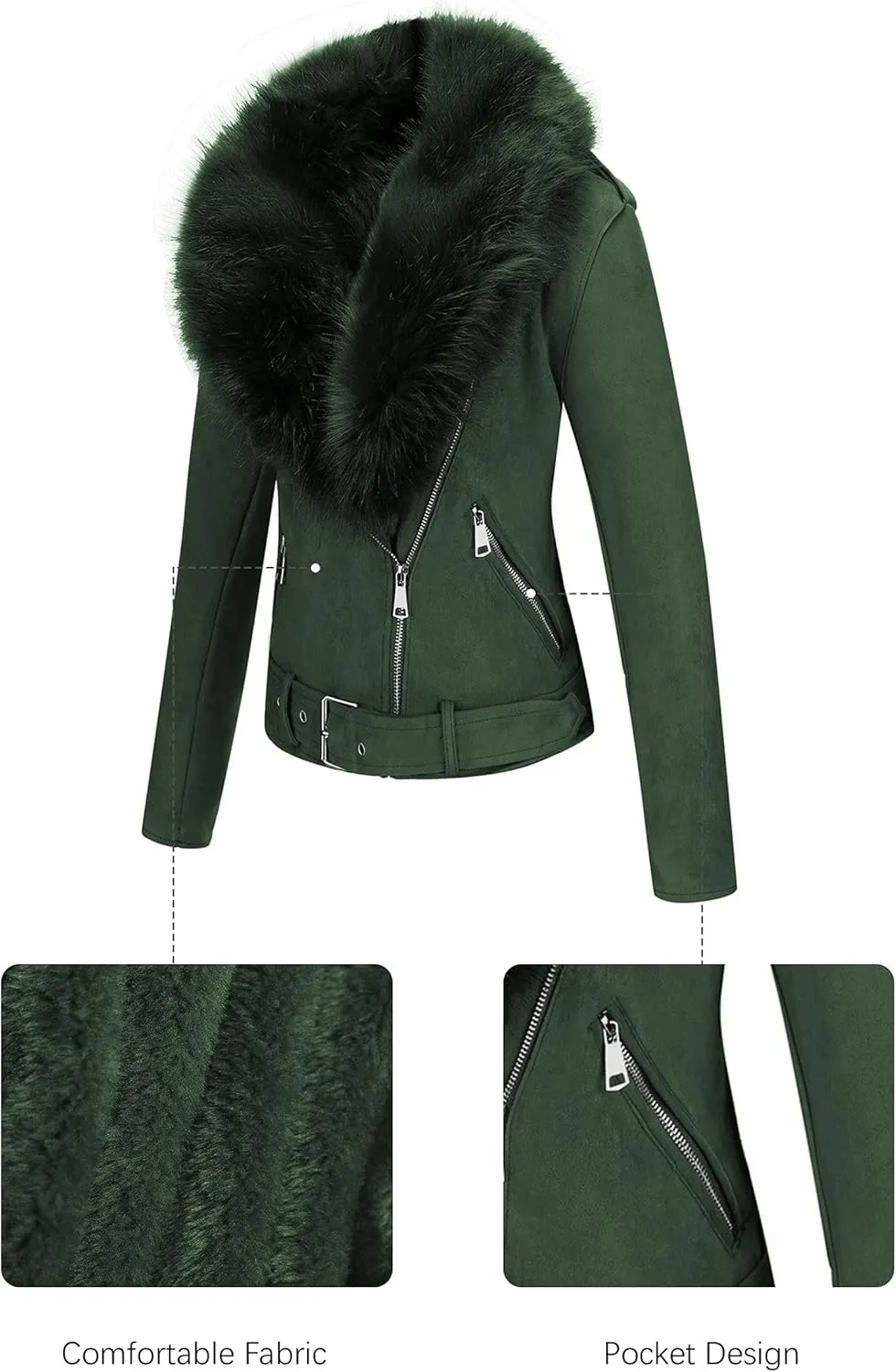 Bellivera Women Faux Leather Suede Jacket Moto Biker Coat Sherpa-Lined Overcoat with Removable Belt