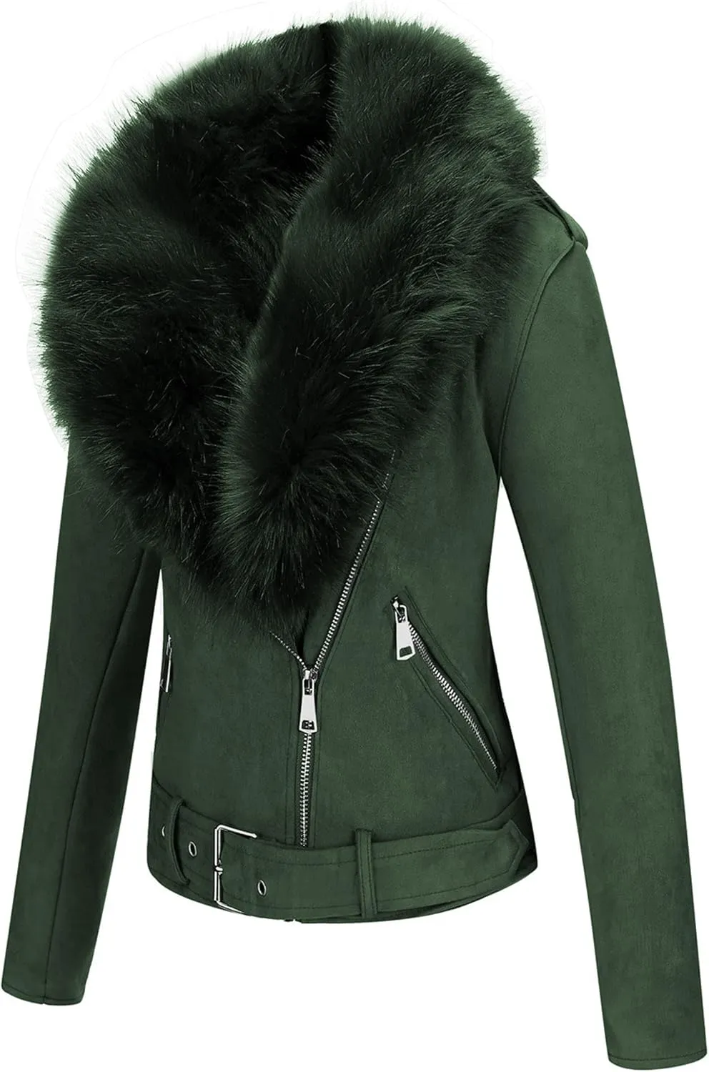 Bellivera Women Faux Leather Suede Jacket Moto Biker Coat Sherpa-Lined Overcoat with Removable Belt