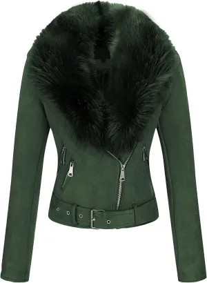 Bellivera Women Faux Leather Suede Jacket Moto Biker Coat Sherpa-Lined Overcoat with Removable Belt