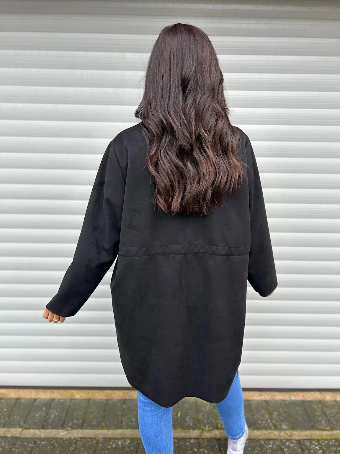Black Double Pocket Waterfall Shacket Hermione
