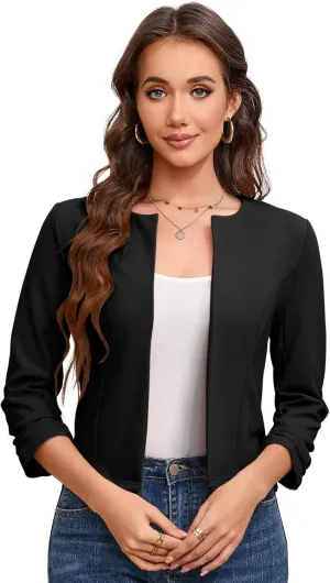 BLUEMING Womens Open Front Crop Blazer 3/4 Ruched Sleeve Slim Fit Solid Jacket Lightweight Cardigan