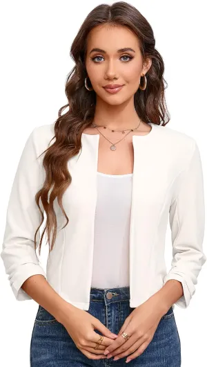 BLUEMING Womens Open Front Crop Blazer 3/4 Ruched Sleeve Slim Fit Solid Jacket Lightweight Cardigan