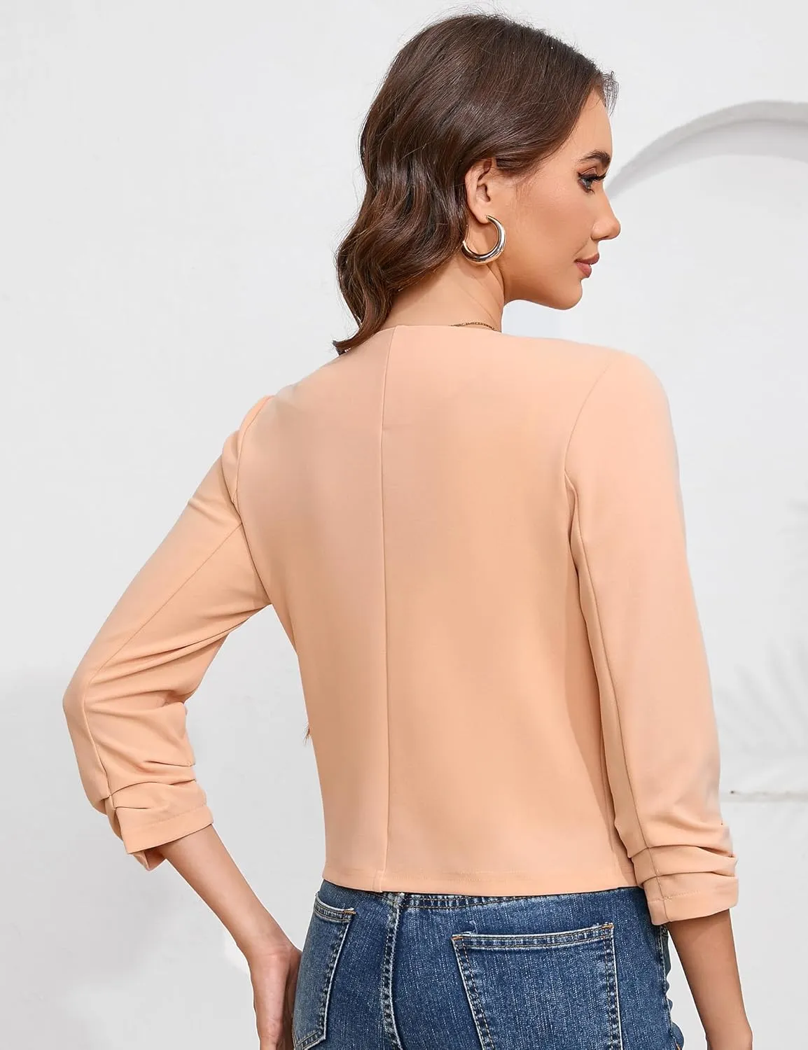 BLUEMING Womens Open Front Crop Blazer 3/4 Ruched Sleeve Slim Fit Solid Jacket Lightweight Cardigan