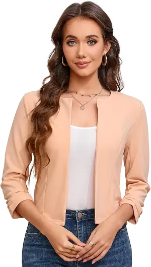 BLUEMING Womens Open Front Crop Blazer 3/4 Ruched Sleeve Slim Fit Solid Jacket Lightweight Cardigan