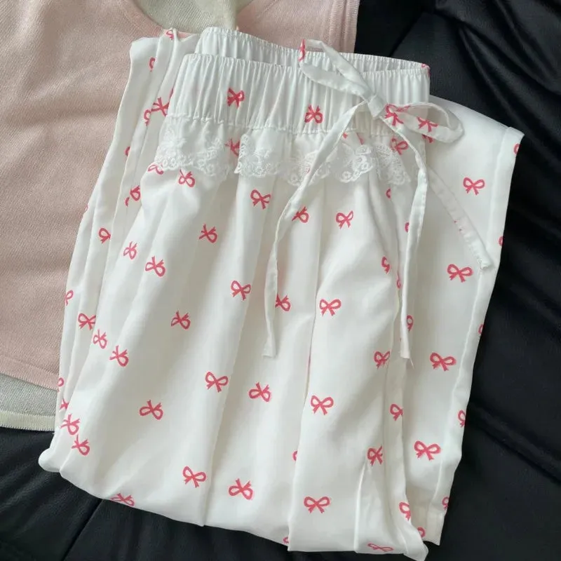Bow Printed Wide Leg Pants