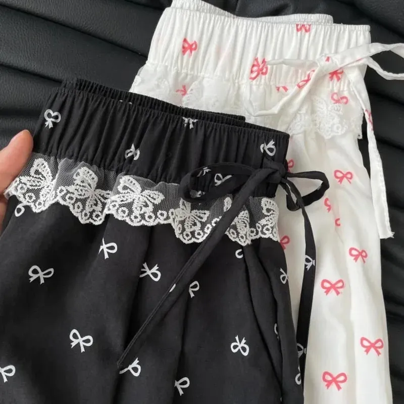 Bow Printed Wide Leg Pants
