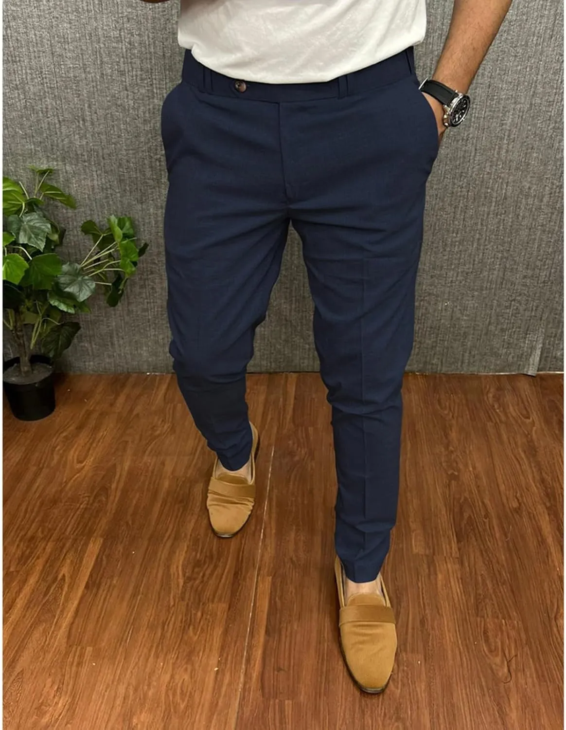 Business Dress Work Slim Fit Pants for Men Casual Button Zipper Classic Suit Pant Cotton Thin Quick Dry Trousers