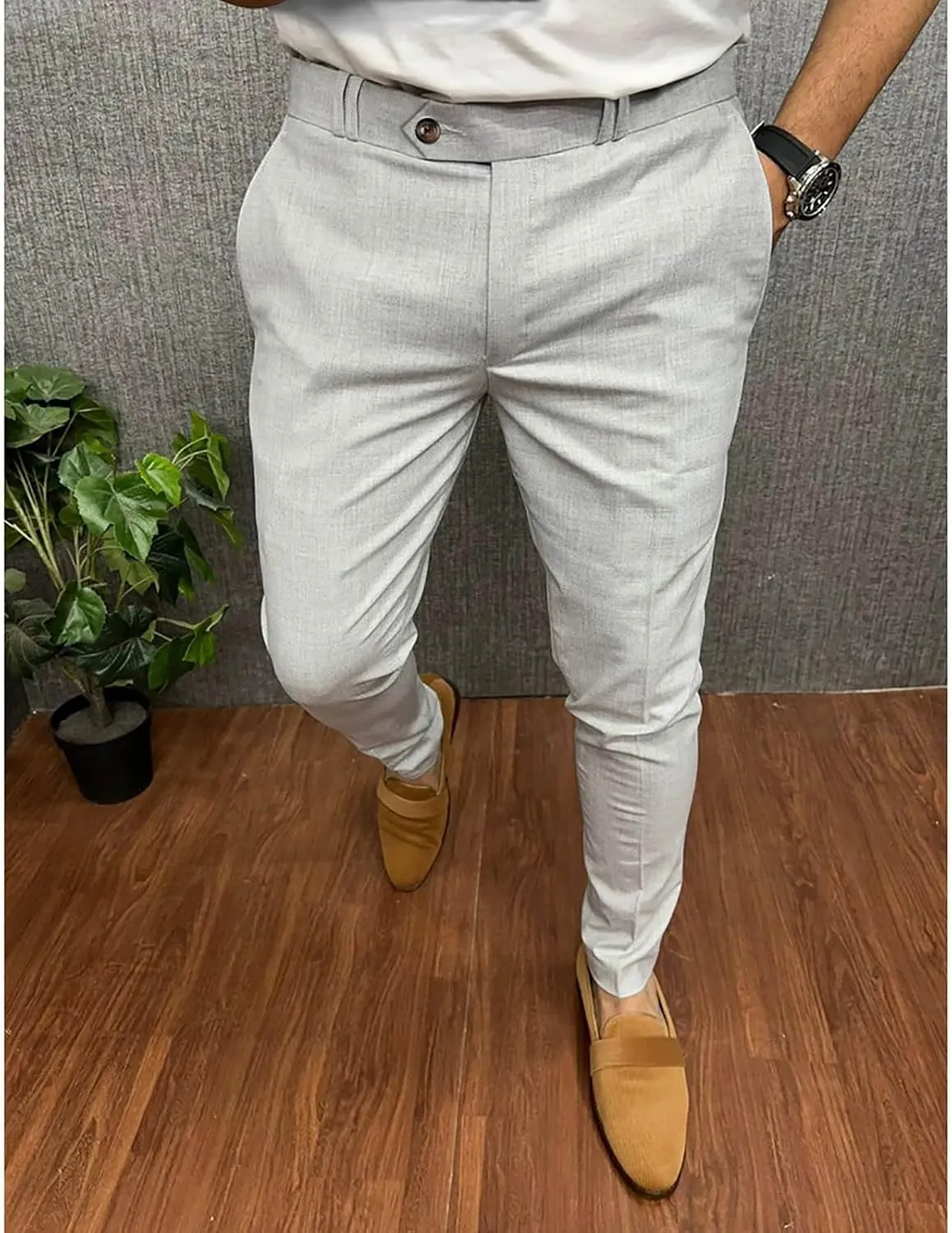 Business Dress Work Slim Fit Pants for Men Casual Button Zipper Classic Suit Pant Cotton Thin Quick Dry Trousers