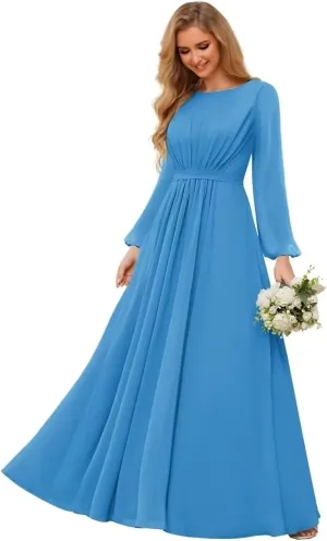 Chiffon Bridesmaid Dresses for Women Scoop Neck Long Sleeve Formal Evening Party Gown