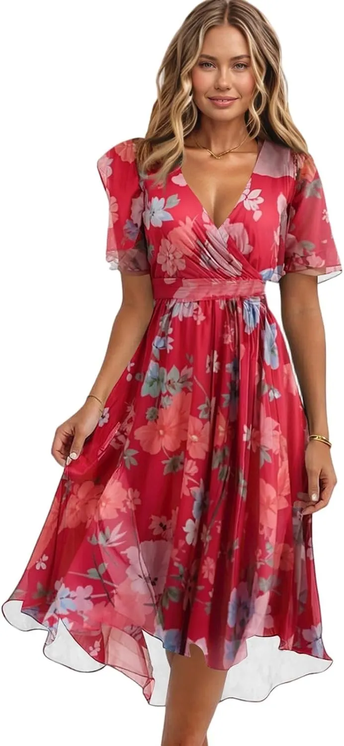 Chiffon Dresses for Women Cocktail 2025 Summer V Neck Wrap Dresses Wedding Guest Womens Midi Flowy Floral Dress
