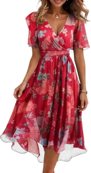 Chiffon Dresses for Women Cocktail 2025 Summer V Neck Wrap Dresses Wedding Guest Womens Midi Flowy Floral Dress