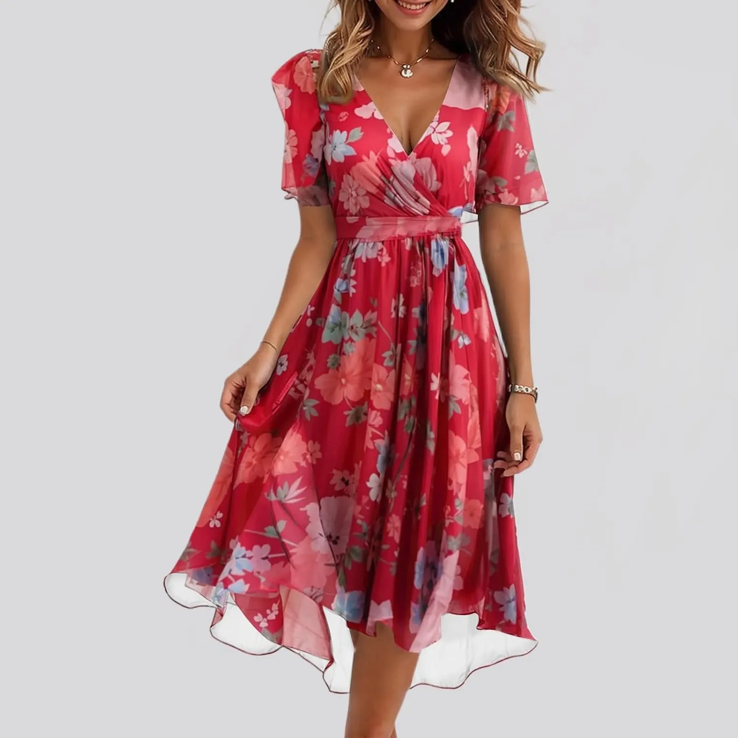 Chiffon Dresses for Women Cocktail 2025 Summer V Neck Wrap Dresses Wedding Guest Womens Midi Flowy Floral Dress
