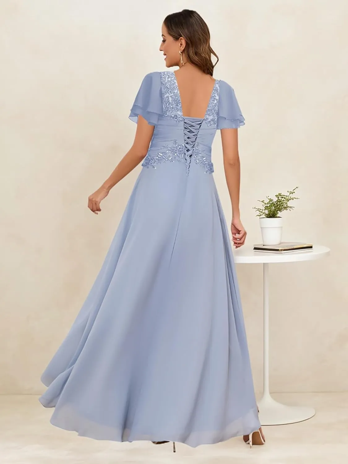 Chiffon Mother of The Bride Dresses for Wedding Lace Appliques Corset Fall Formal Dress with Sleeves