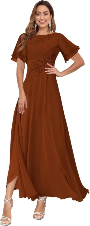 Chiffon Mother of The Bride Dresses for Wedding Lace Appliques Corset Fall Formal Dress with Sleeves