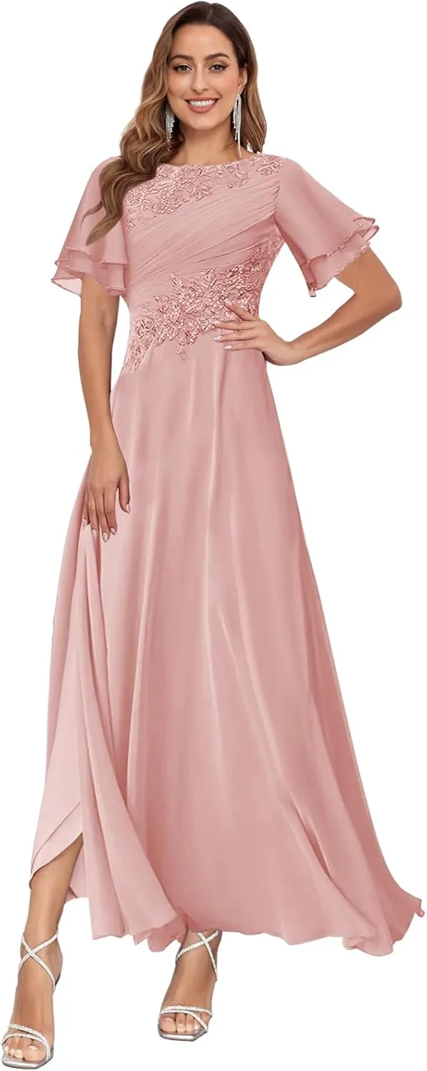 Chiffon Mother of The Bride Dresses for Wedding Lace Appliques Corset Fall Formal Dress with Sleeves