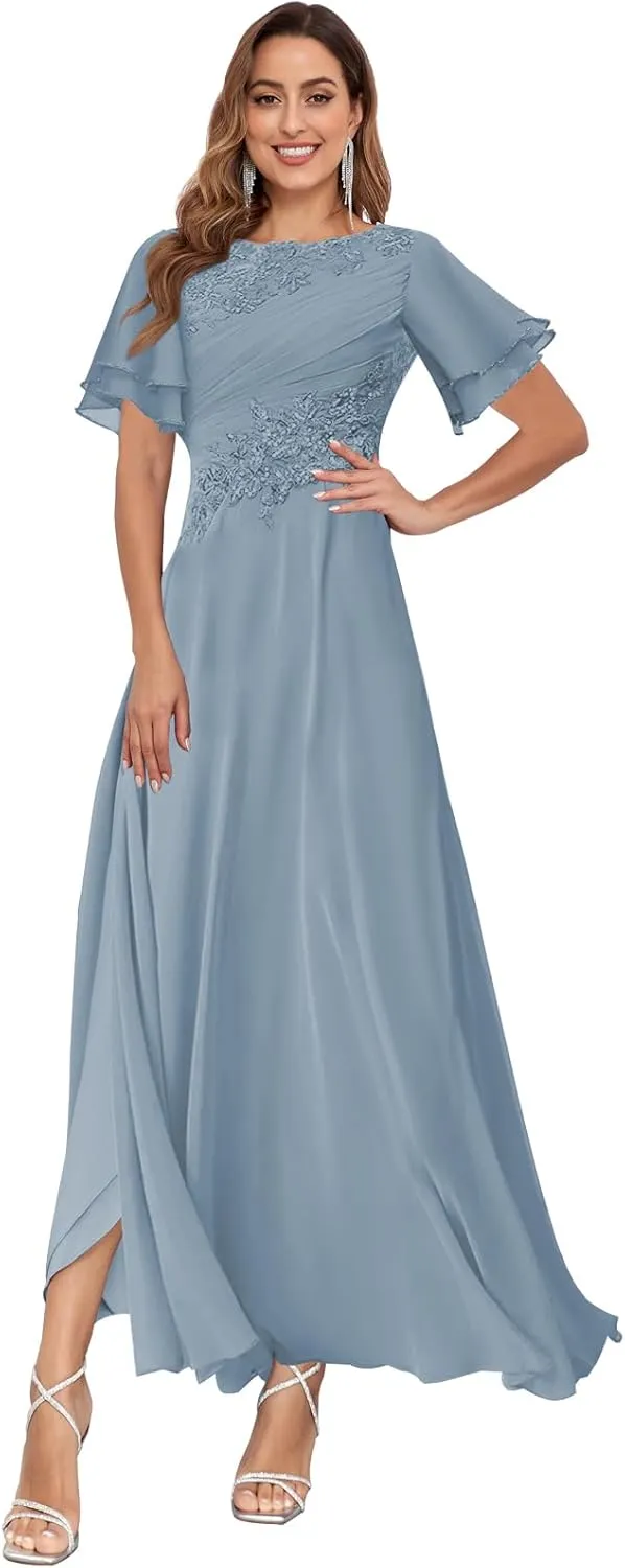 Chiffon Mother of The Bride Dresses for Wedding Lace Appliques Corset Fall Formal Dress with Sleeves