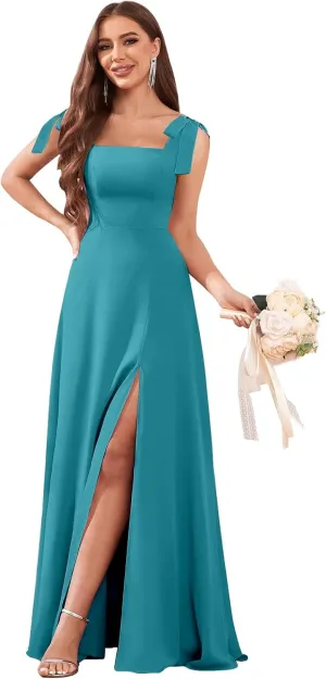Chiffon Square Neck Bridesmaid Dresses Long for Women Tie Strap A Line Formal Evening Dress with Slit