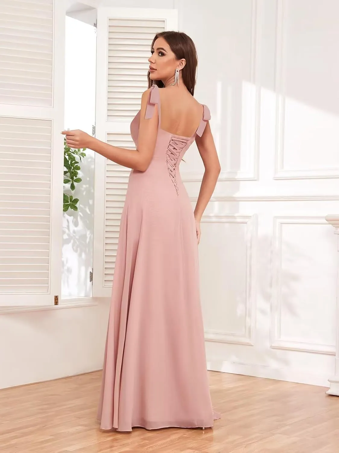 Chiffon Square Neck Bridesmaid Dresses Long for Women Tie Strap A Line Formal Evening Dress with Slit
