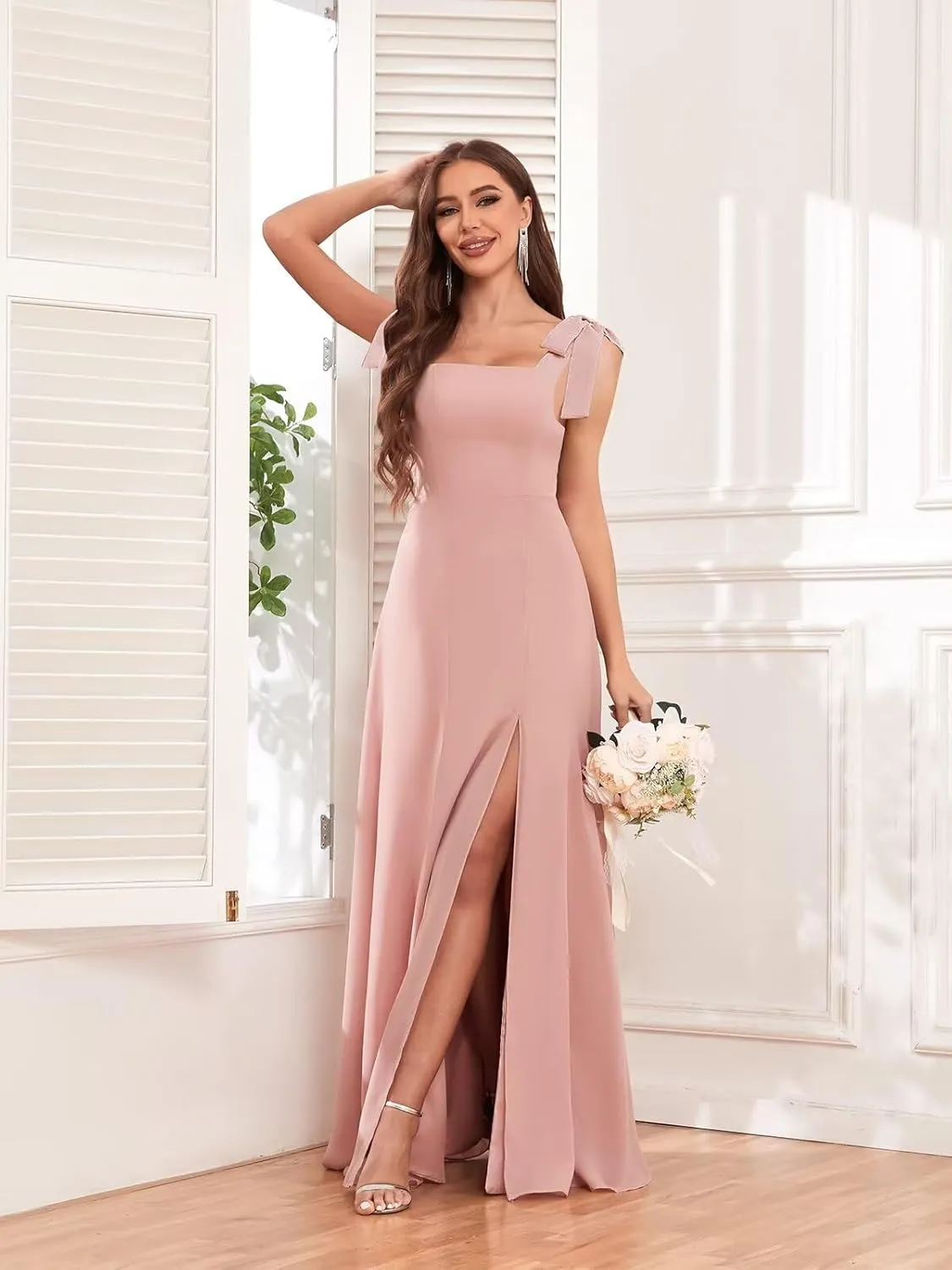 Chiffon Square Neck Bridesmaid Dresses Long for Women Tie Strap A Line Formal Evening Dress with Slit