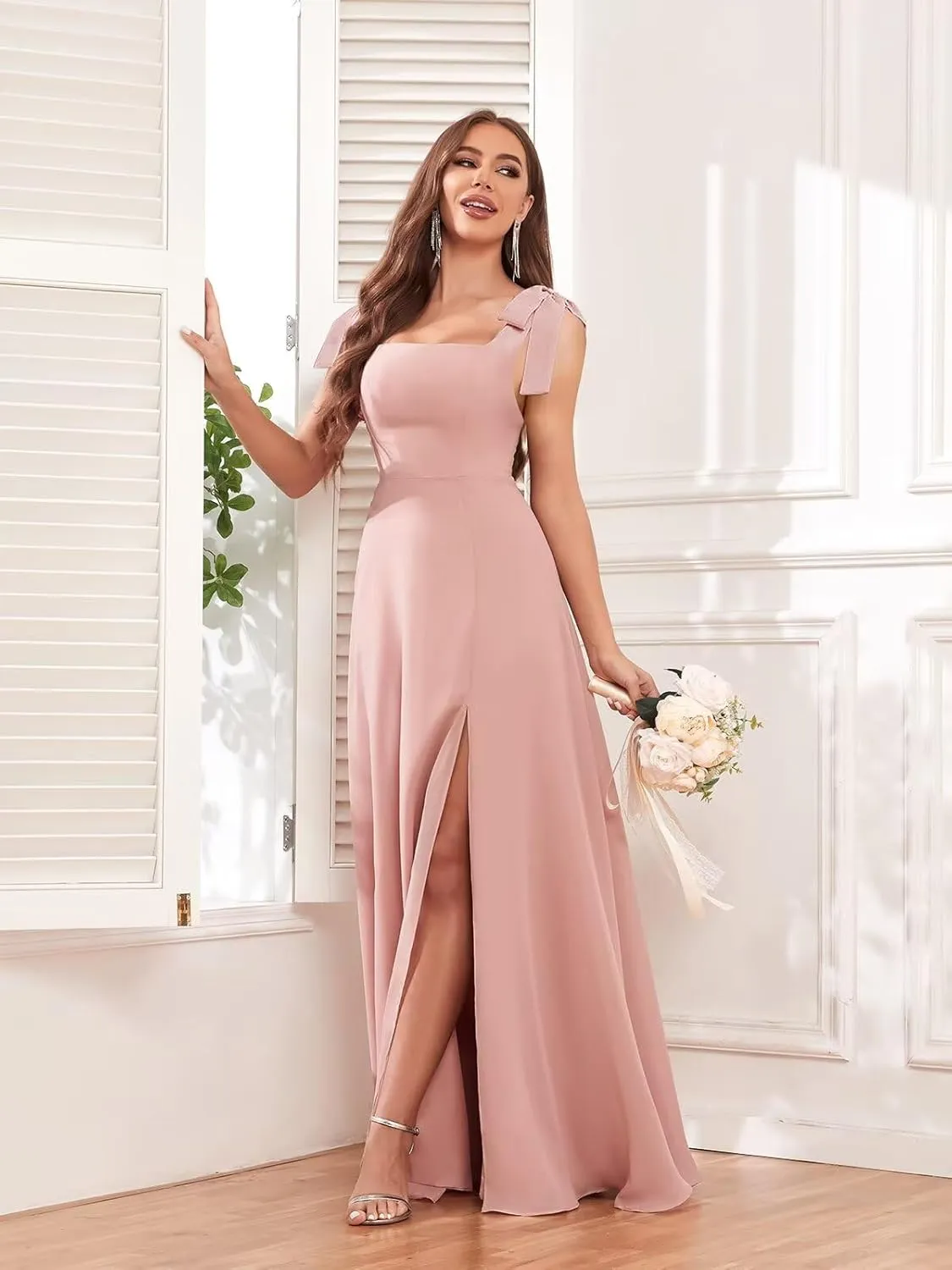 Chiffon Square Neck Bridesmaid Dresses Long for Women Tie Strap A Line Formal Evening Dress with Slit