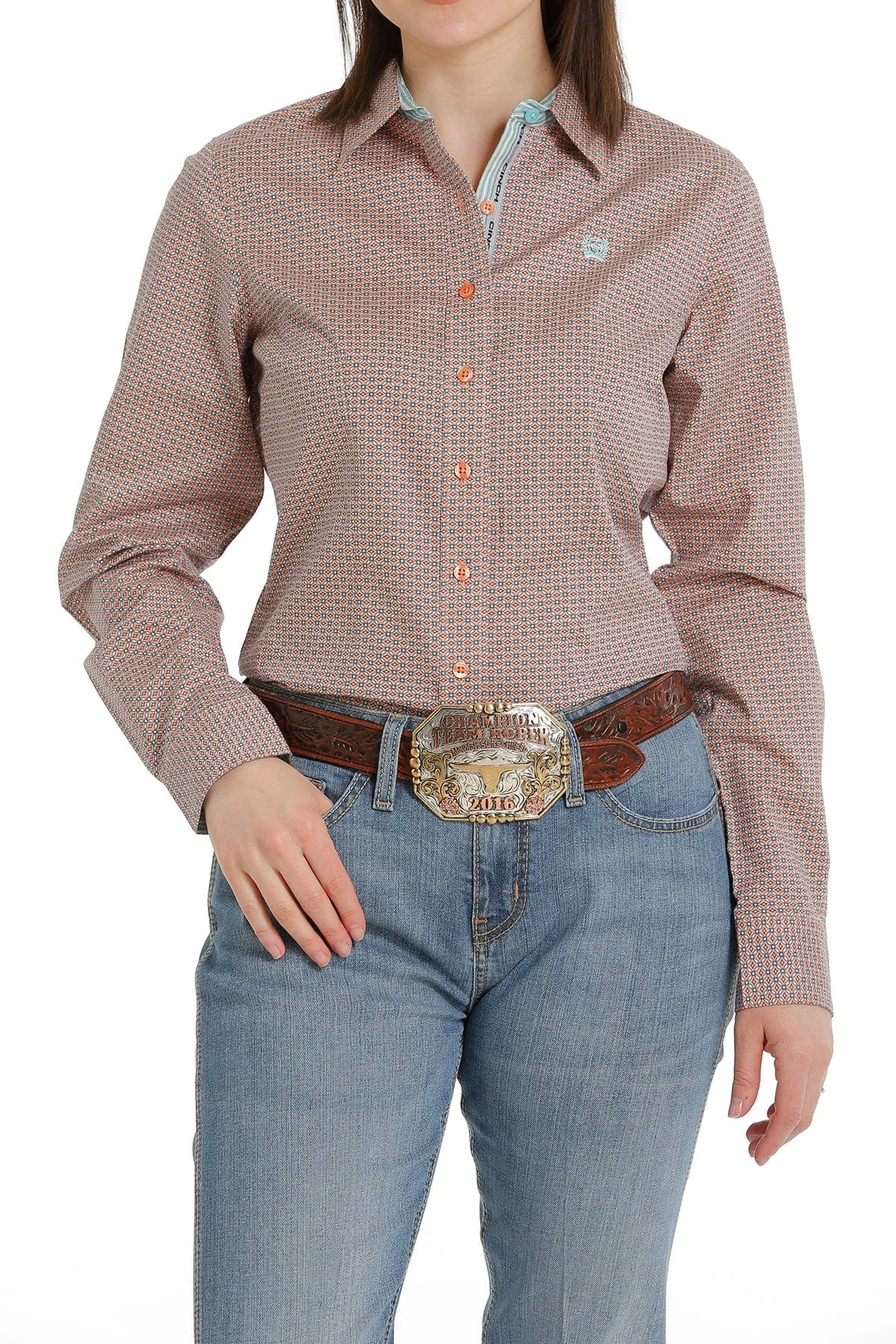 CINCH WOMEN'S CORAL/LIGHT BLUE PRINT LONG SLEEVE BUTTON DOWN WESTERN SHIRT