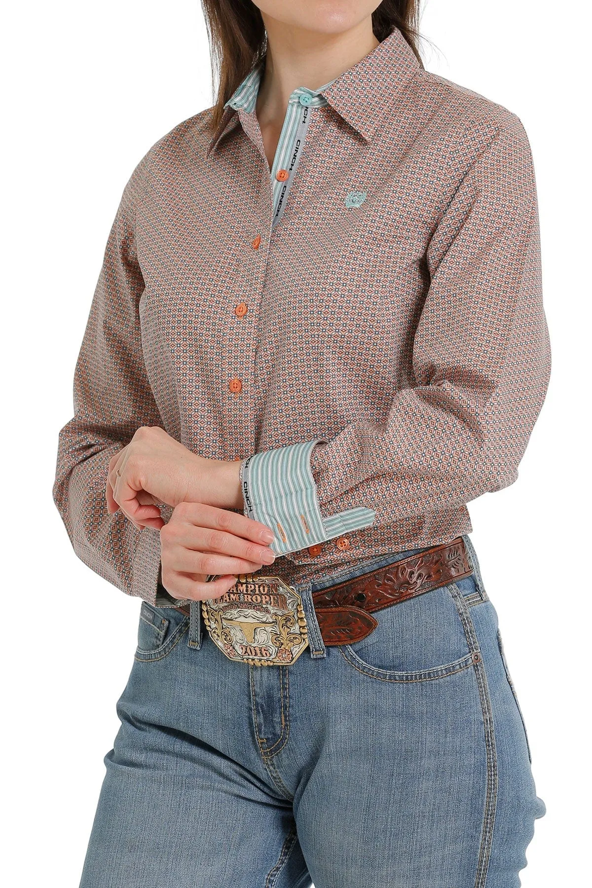 CINCH WOMEN'S CORAL/LIGHT BLUE PRINT LONG SLEEVE BUTTON DOWN WESTERN SHIRT