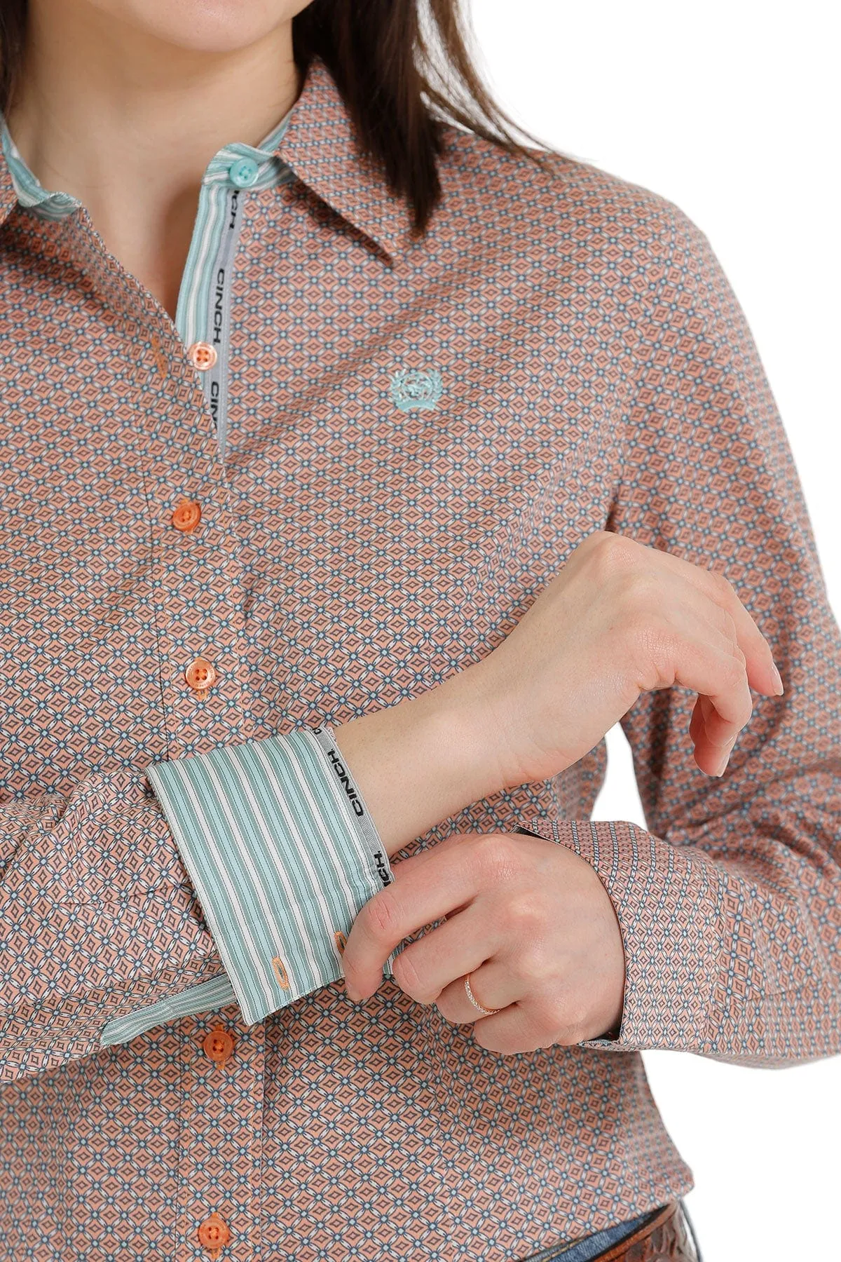 CINCH WOMEN'S CORAL/LIGHT BLUE PRINT LONG SLEEVE BUTTON DOWN WESTERN SHIRT