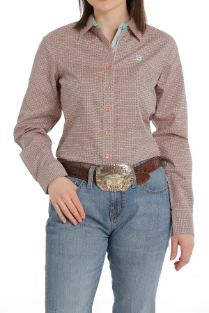 CINCH WOMEN'S CORAL/LIGHT BLUE PRINT LONG SLEEVE BUTTON DOWN WESTERN SHIRT