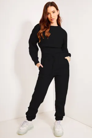 Coco Black Cropped Jumper and Joggers Tracksuit Set