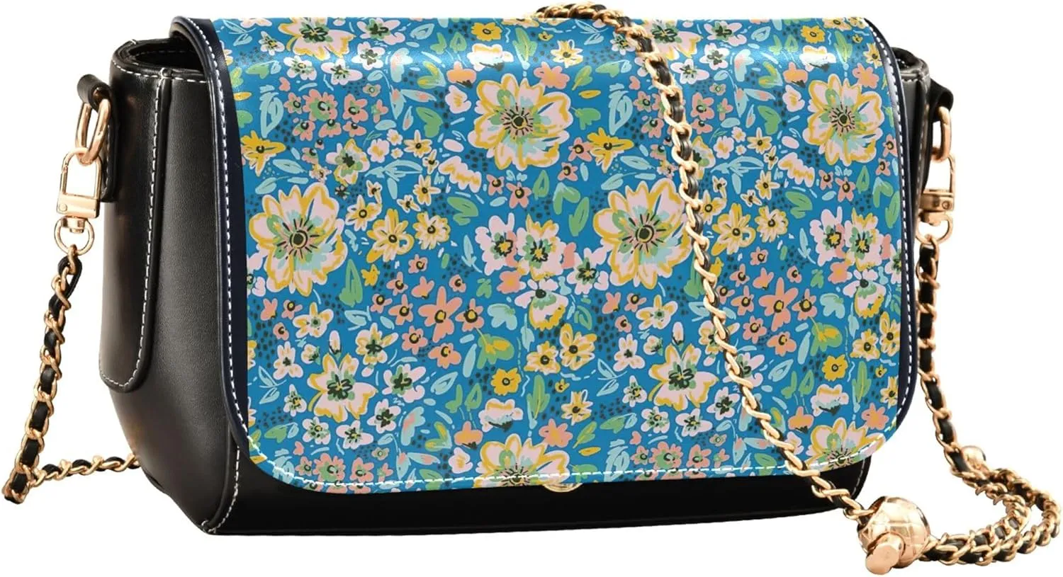 Colorful Flower Vivid Print Crossbody Purses for Women Black Shoulder Leather Bags Wallet Handbags with Chain Strap