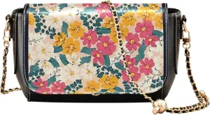 Colorful Flower Vivid Print Crossbody Purses for Women Black Shoulder Leather Bags Wallet Handbags with Chain Strap