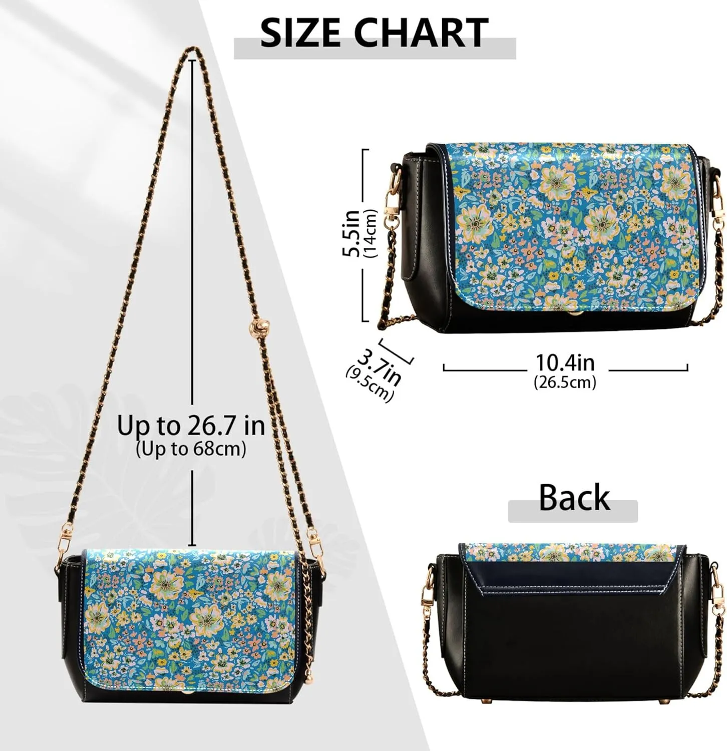 Colorful Flower Vivid Print Crossbody Purses for Women Black Shoulder Leather Bags Wallet Handbags with Chain Strap